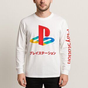 PlayStation Long Sleeve Shirt White Japanese Logo Retro Gamer Streetwear Men's L